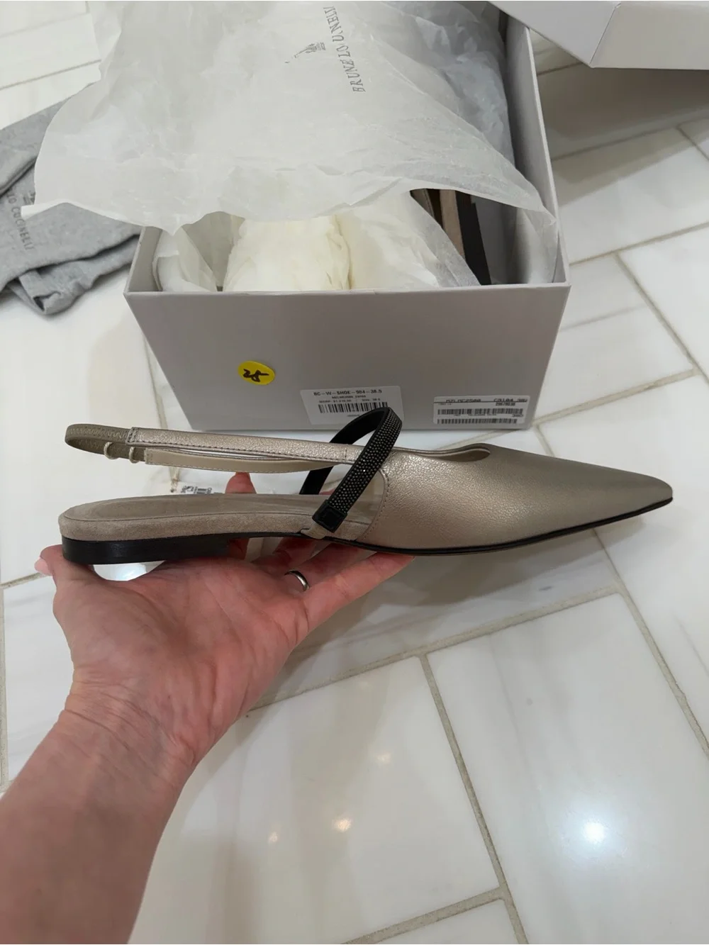 New Brunello Cucinelli Metallic Taupe Pointed Slingback Flats with Black Strap - Picture 3 of 8